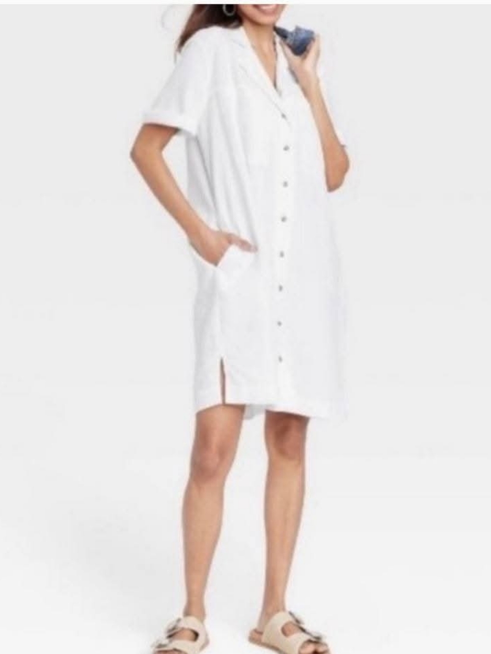 White Button-Front Short Sleeve Shirt Dress